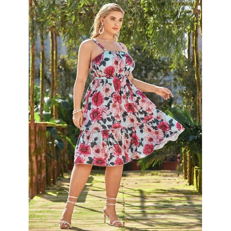 Vestido feminino plus size com estampa de cintura alta, estilo europeu e americano, estilo com grande balanço