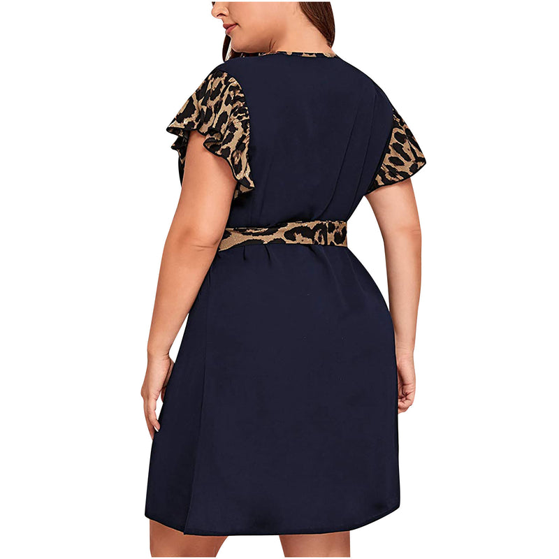 Vestido plus size europeu e americano, manga curta, estampa de leopardo, costura, vestido casual solto