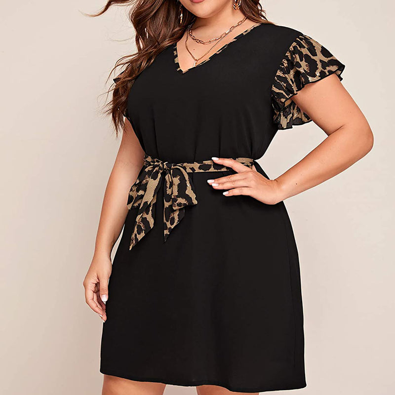 Vestido plus size europeu e americano, manga curta, estampa de leopardo, costura, vestido casual solto