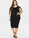 Vestido feminino plus size justo com decote redondo e manga curta em chiffon xale