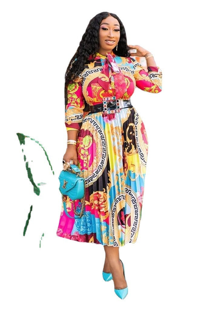 Vestido longo com estampa de gravata borboleta e mangas três quartos, tamanho grande, roupa feminina