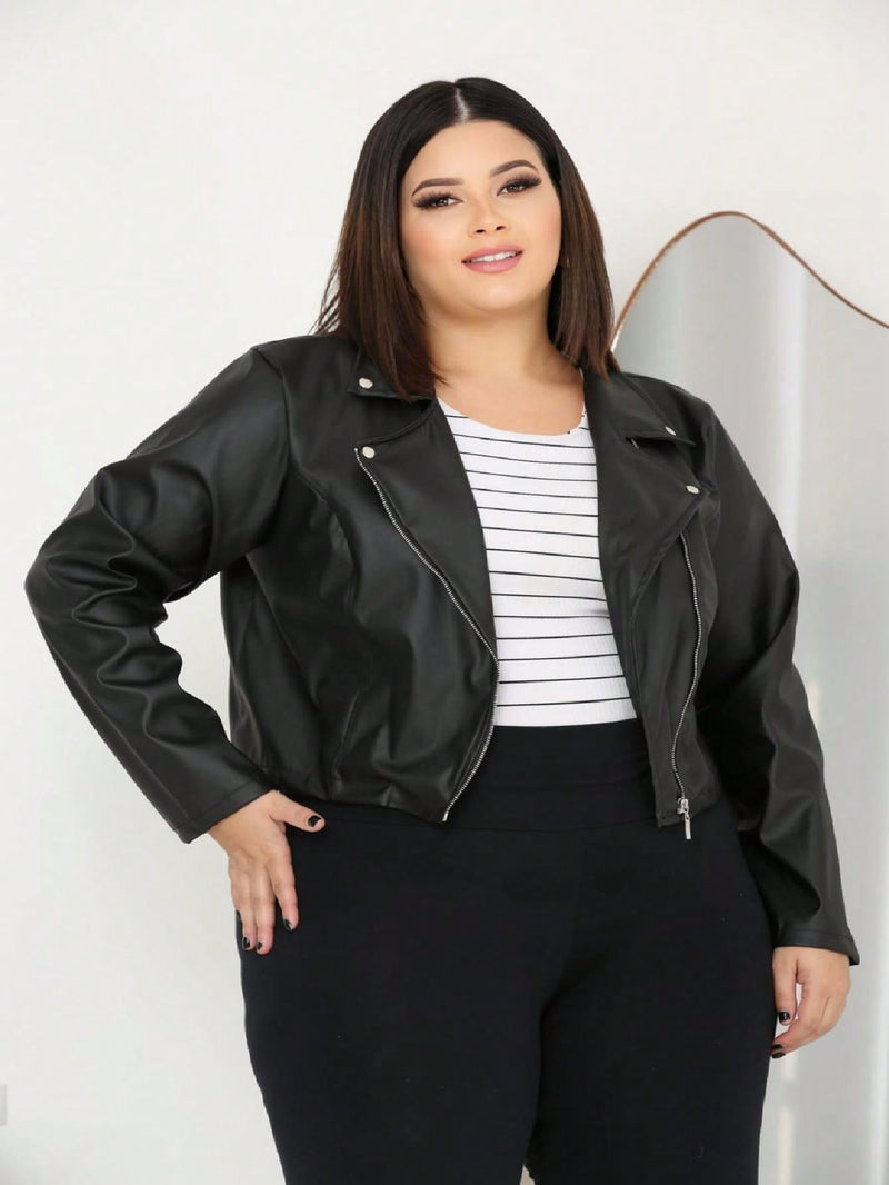Jaqueta Preta de Couro Fake Plus size Feminina Elegante Inverno Tamanho Grande