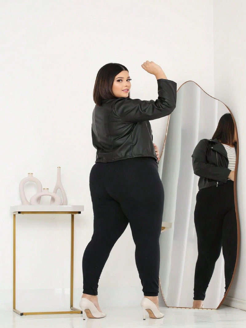 Jaqueta Preta de Couro Fake Plus size Feminina Elegante Inverno Tamanho Grande