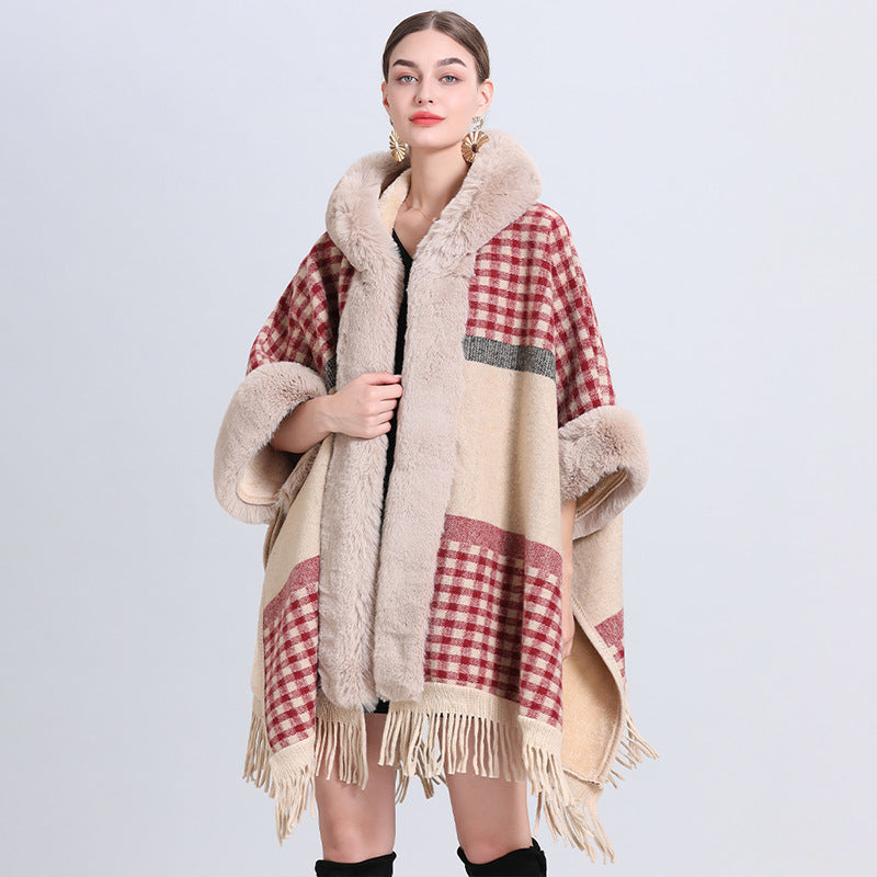 Xadrez solto com gola de pele de cashmere e malha Inverness