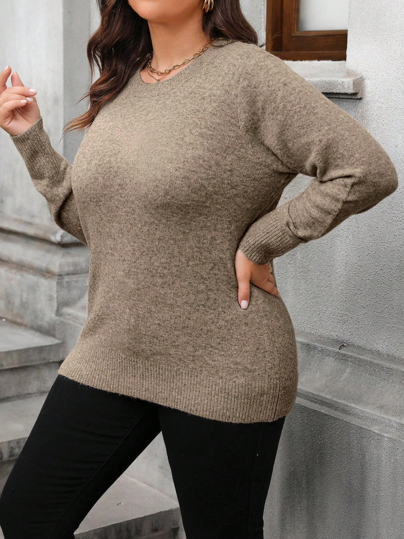 Calvaya Suéter de Gola Redonda de Manga Longa Oversize de Cor Sólida para Mulheres, Outono/Inverno