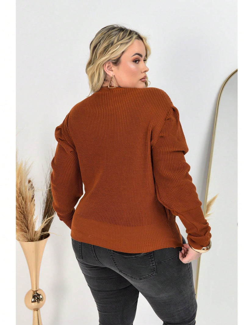 Blusa Suéter Tricô Manga Bufante Princesa Longa Plissada Plus Size Inverno Frio Feminina Dia dos Namorados