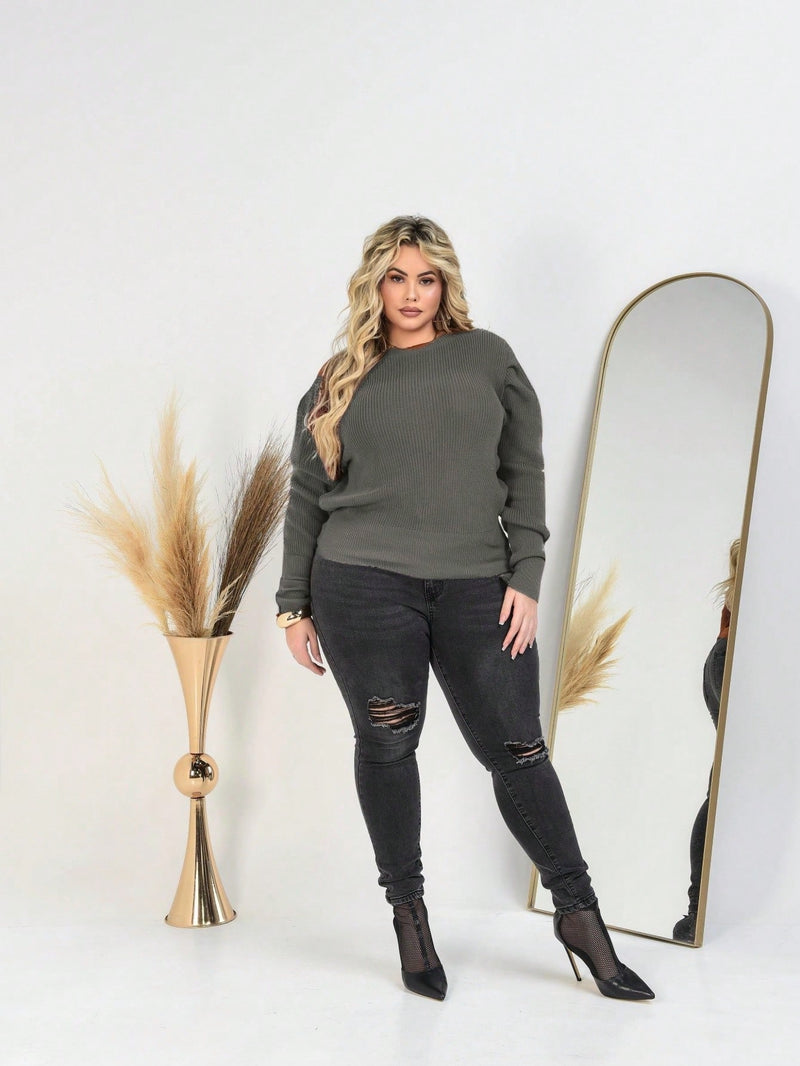 Blusa Suéter Tricô Manga Bufante Princesa Longa Plissada Plus Size Inverno Frio Feminina Dia dos Namorados