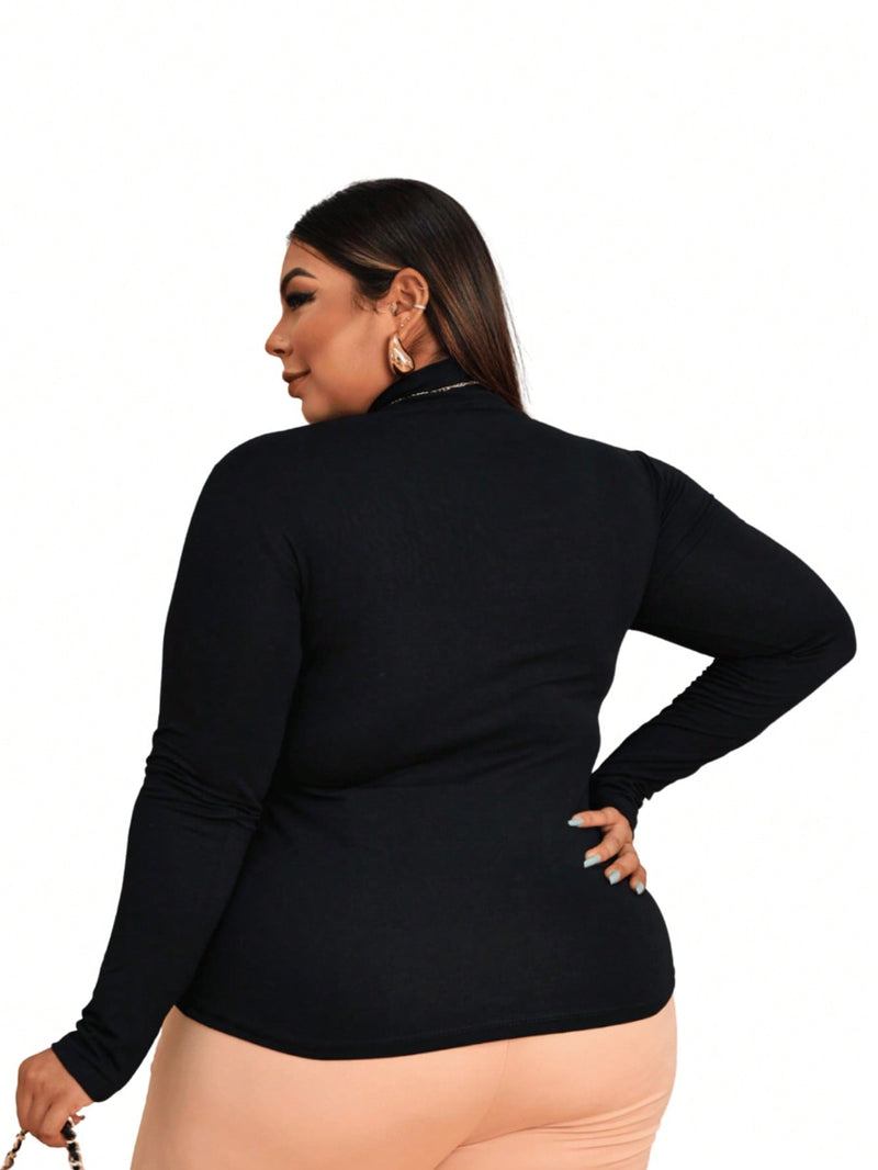 Camiseta Basica de Manga Longa Gola Alta Segunga Pele Plus Size    Casual  Tecido