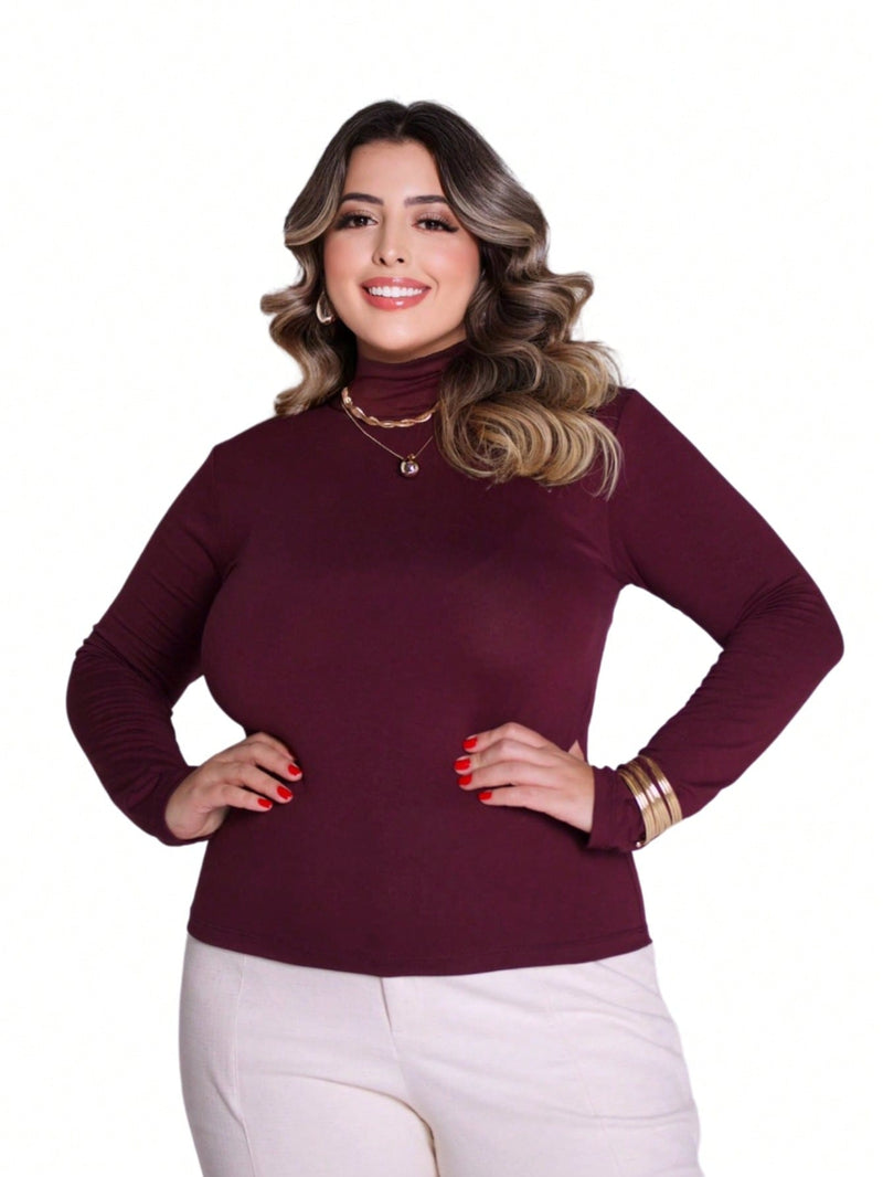 Camiseta Basica de Manga Longa Gola Alta Segunga Pele Plus Size    Casual  Tecido