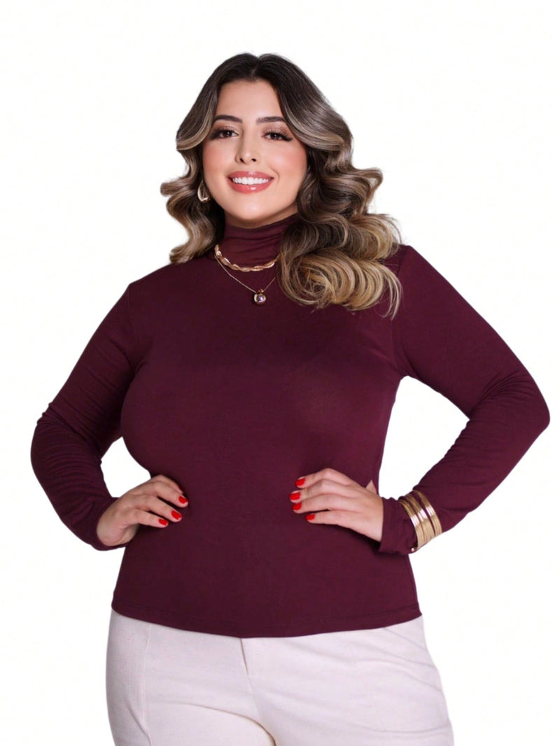 Camiseta Basica de Manga Longa Gola Alta Segunga Pele Plus Size    Casual  Tecido