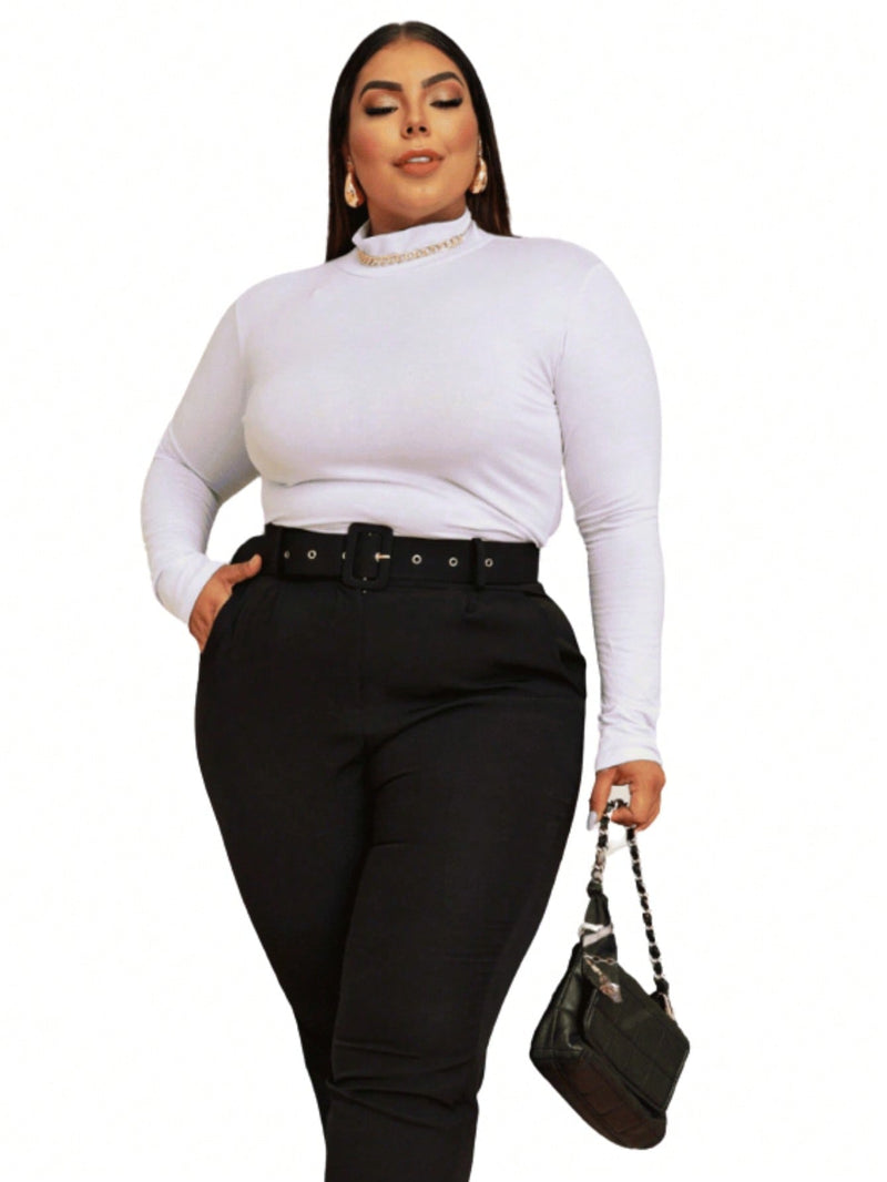 Camiseta Basica de Manga Longa Gola Alta Segunga Pele Plus Size    Casual  Tecido