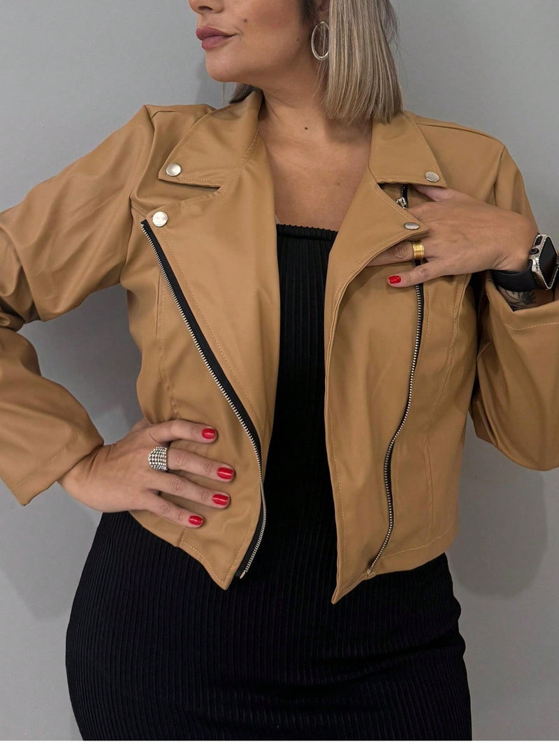 Jaqueta Preta de Couro Fake Plus size Feminina Elegante Inverno Tamanho Grande