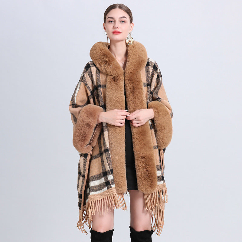 Xadrez solto com gola de pele de cashmere e malha Inverness