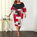 Novo estilo de vestido estampado feminino plus size três quartos com mangas voadoras