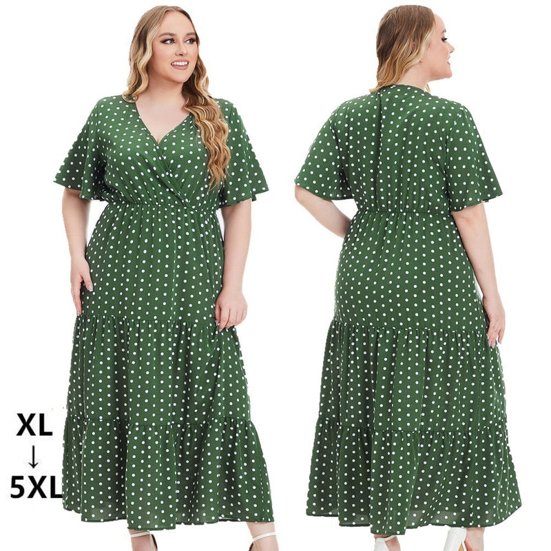Vestido plus size feminino com decote em V e manga curta com bolinhas para mulheres