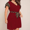 Vestido plus size europeu e americano, manga curta, estampa de leopardo, costura, vestido casual solto