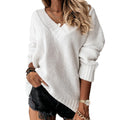 Blusa de malha com decote em V e manga comprida, cor sólida