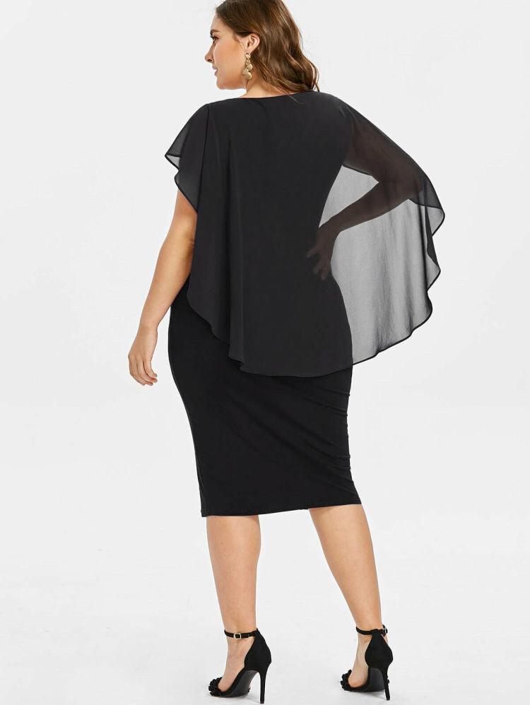Vestido feminino plus size justo com decote redondo e manga curta em chiffon xale