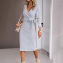 Vestido de malha com decote em V e manga comprida para outono e inverno
