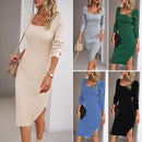 Vestido A-line de viscose com gola quadrada
