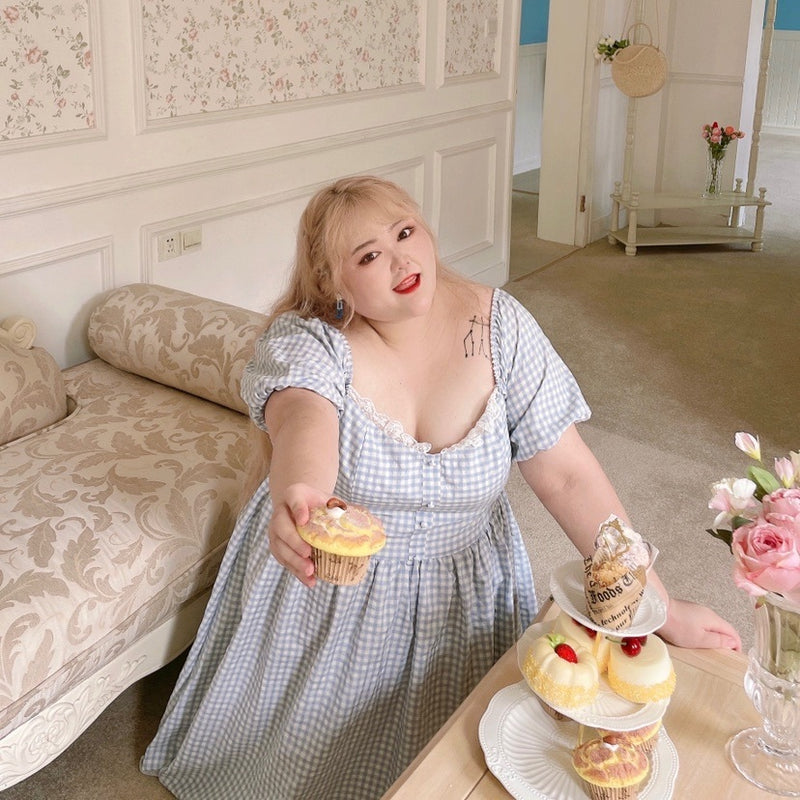 Vestido xadrez plus size French Sweet Desire Fungus Edge com redução de idade