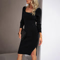 Vestido A-line de viscose com gola quadrada
