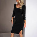 Vestido A-line de viscose com gola quadrada