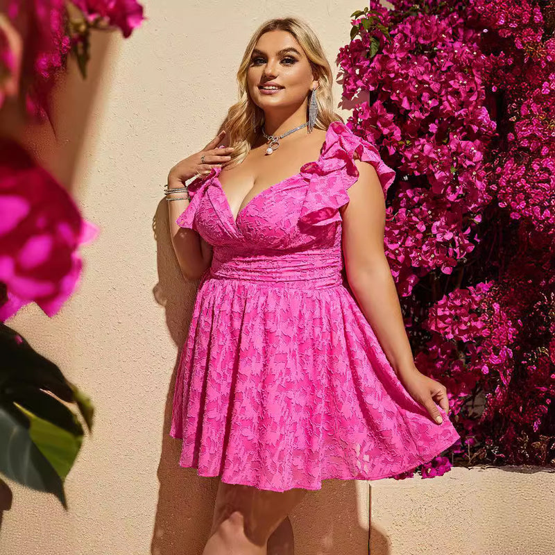 Vestido plus size feminino com alças finas e babados, sem mangas, cintura fina e emagrecedora