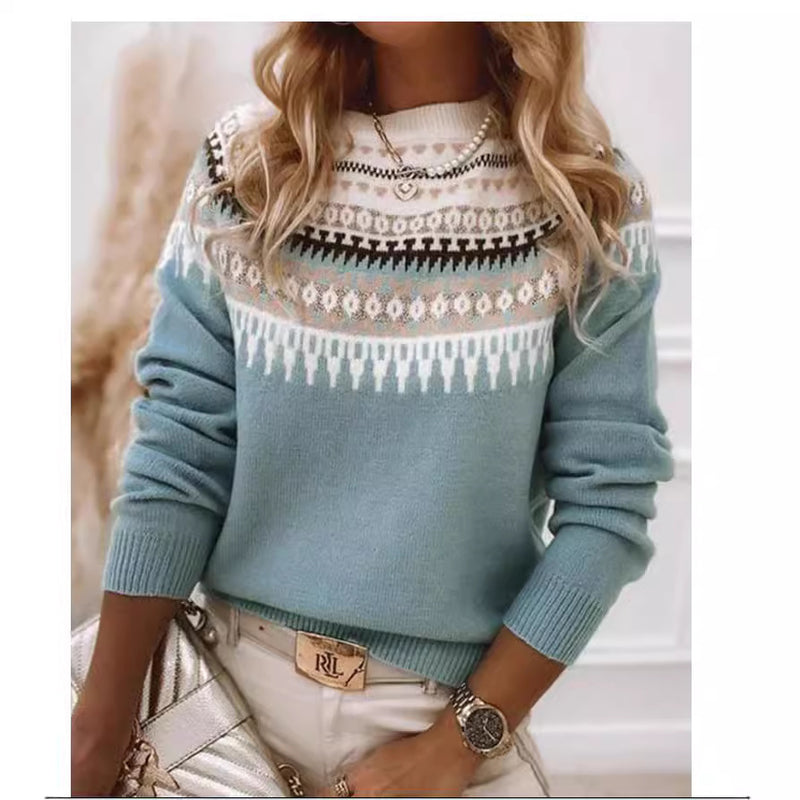 Suéter feminino solto multicolorido com gola redonda e moda pulôver