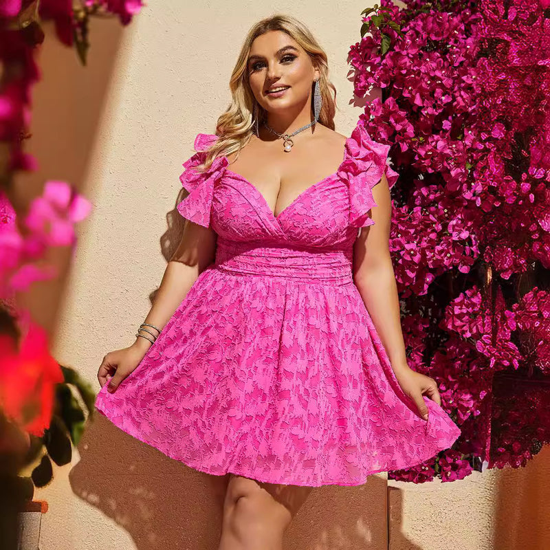Vestido plus size feminino com alças finas e babados, sem mangas, cintura fina e emagrecedora