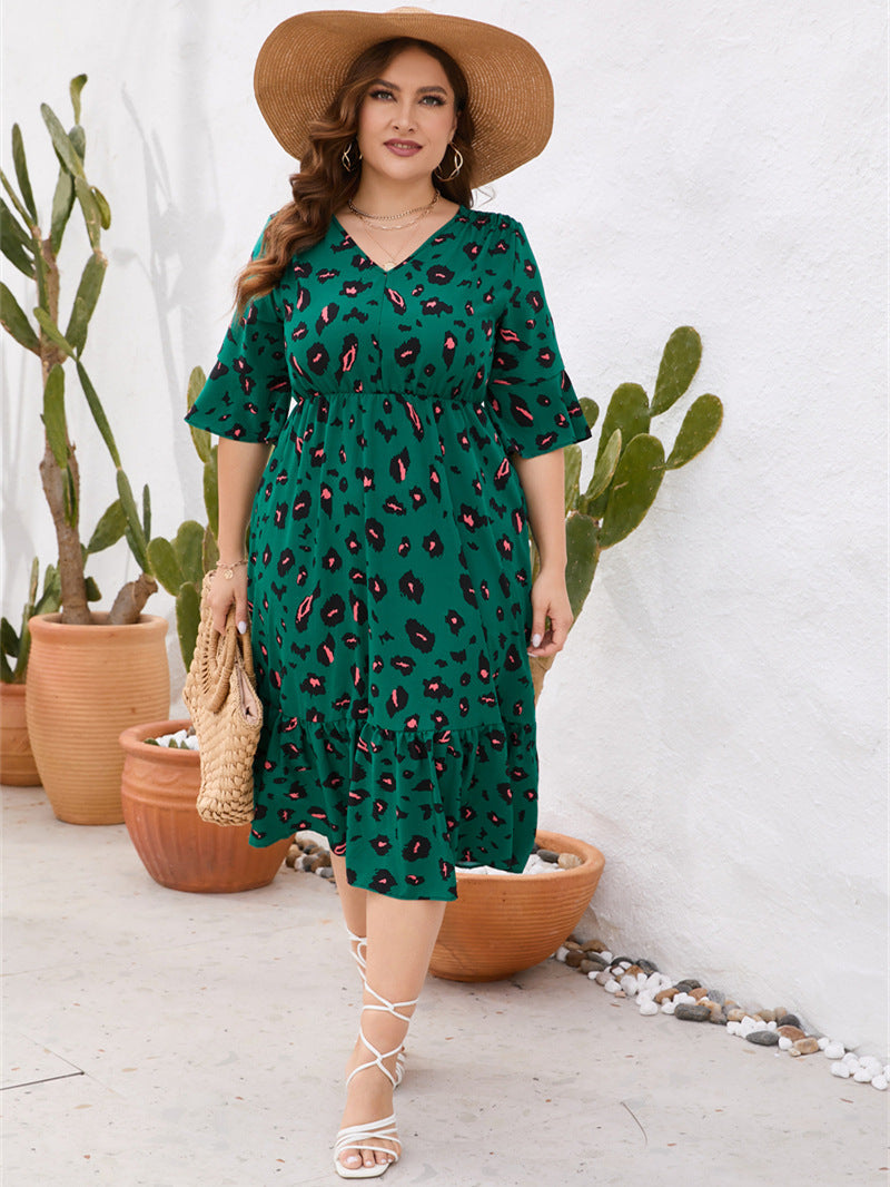 Vestido feminino plus size de verão com decote em V e manga curta com babados