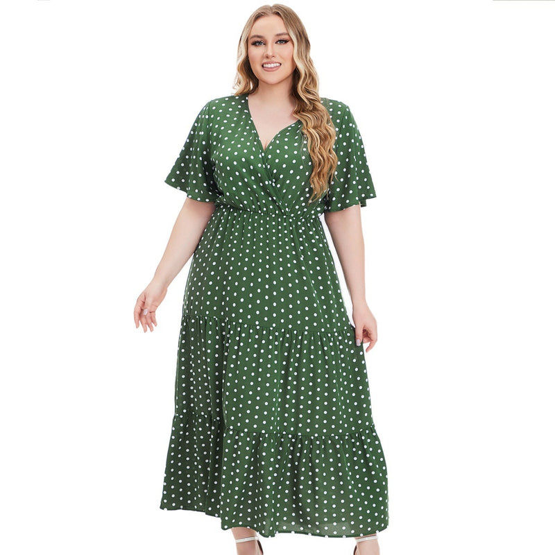 Vestido plus size feminino com decote em V e manga curta com bolinhas para mulheres