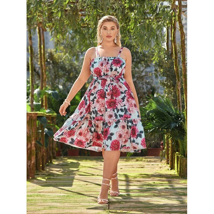 Vestido feminino plus size com estampa de cintura alta, estilo europeu e americano, estilo com grande balanço