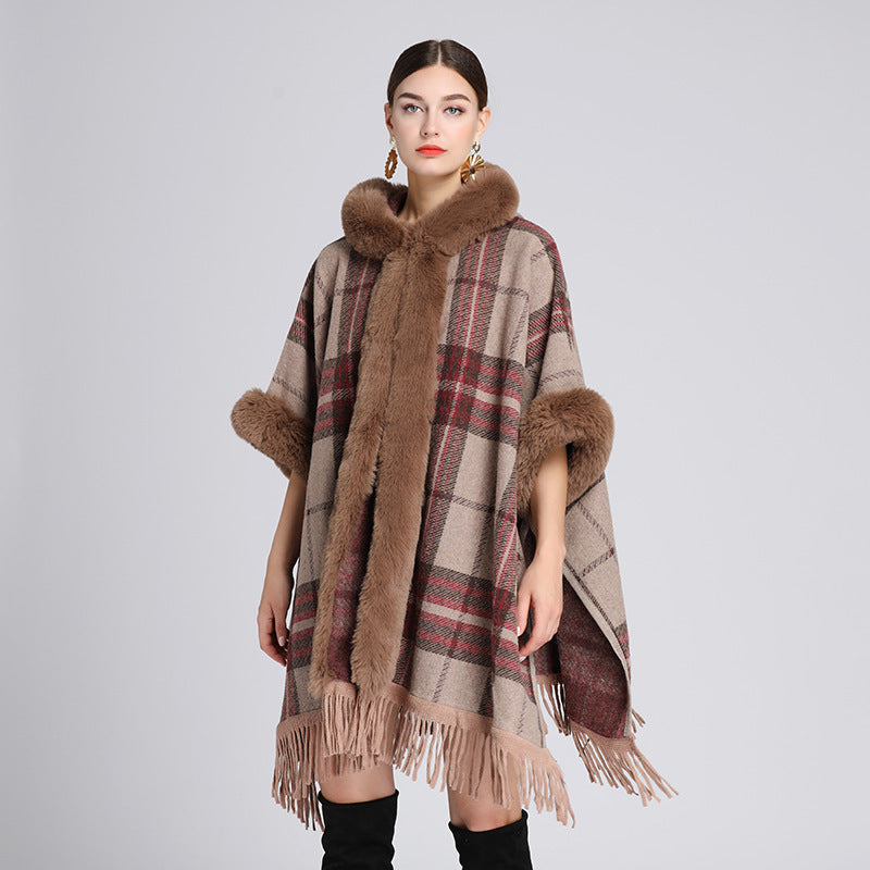Xadrez solto com gola de pele de cashmere e malha Inverness
