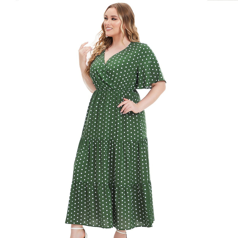 Vestido plus size feminino com decote em V e manga curta com bolinhas para mulheres