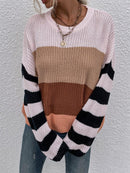 Suéter feminino solto de malha com costura colorida