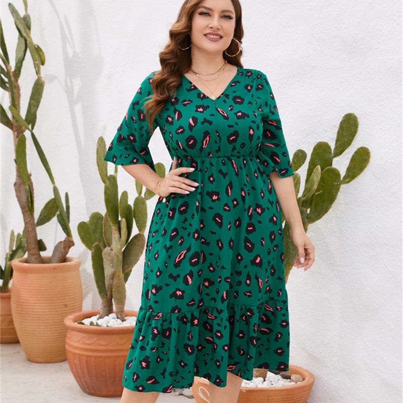 Vestido feminino plus size de verão com decote em V e manga curta com babados