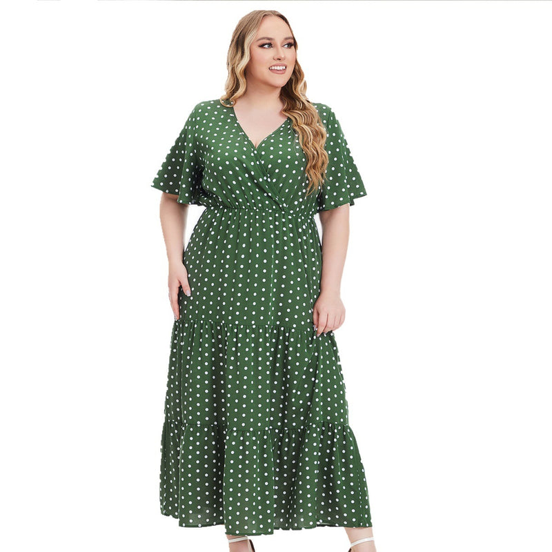Vestido plus size feminino com decote em V e manga curta com bolinhas para mulheres