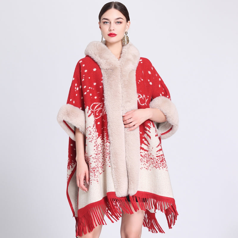 Xadrez solto com gola de pele de cashmere e malha Inverness