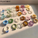 HUANZHI 2021 Novo Conjunto de Anéis Redondos Quadrados Geométricos Coloridos de Resina Acrílica Transparente Strass para Mulheres Jóias Presentes de Festa
