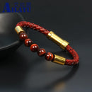 Pulseira masculina vintage de couro de vaca genuíno com fecho embutido em aço inoxidável e contas de pedra de olho de tigre de granada natural