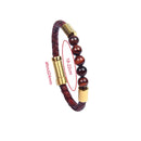 Pulseira masculina vintage de couro de vaca genuíno com fecho embutido em aço inoxidável e contas de pedra de olho de tigre de granada natural