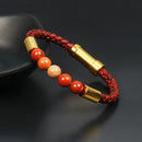 Pulseira masculina vintage de couro de vaca genuíno com fecho embutido em aço inoxidável e contas de pedra de olho de tigre de granada natural