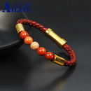 Pulseira masculina vintage de couro de vaca genuíno com fecho embutido em aço inoxidável e contas de pedra de olho de tigre de granada natural