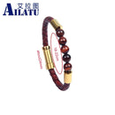 Pulseira masculina vintage de couro de vaca genuíno com fecho embutido em aço inoxidável e contas de pedra de olho de tigre de granada natural