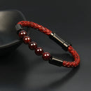 Pulseira masculina vintage de couro de vaca genuíno com fecho embutido em aço inoxidável e contas de pedra de olho de tigre de granada natural