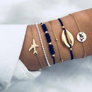 Nuwe Boheemse Swart Tou Armband Stel vir Dames Vliegtuig Skulp Maan Hart Kristal Bedelarmband Boho Juweliersware