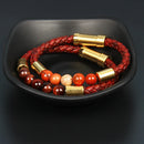 Pulseira masculina vintage de couro de vaca genuíno com fecho embutido em aço inoxidável e contas de pedra de olho de tigre de granada natural
