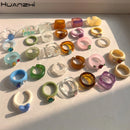 HUANZHI 2021 Novo Conjunto de Anéis Redondos Quadrados Geométricos Coloridos de Resina Acrílica Transparente Strass para Mulheres Jóias Presentes de Festa