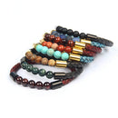 Pulseira masculina vintage de couro de vaca genuíno com fecho embutido em aço inoxidável e contas de pedra de olho de tigre de granada natural